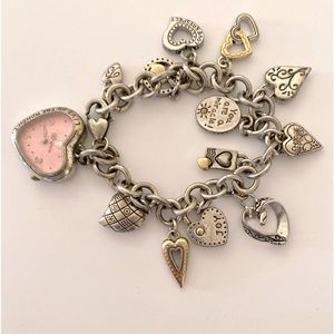 BRIGHTON RETIRED 2005 POWER OF PINK BREAST CANCER HEART WATCH BRACELET 11 CHARMS